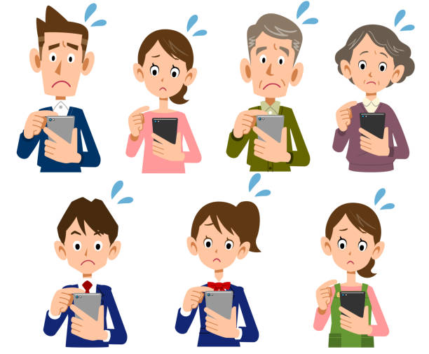 Illustration set of a family operating a smartphone with a troubled face Illustration set of a family operating a smartphone with a troubled face impatient stock illustrations