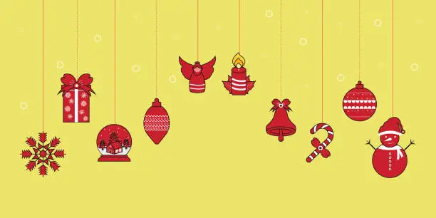 Vector illustration of Christmas ornament hanging Red Color With Yellow background