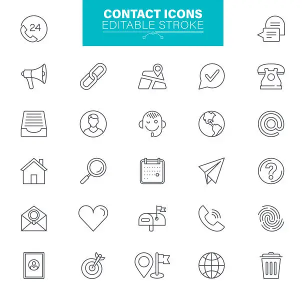 Vector illustration of Contact Icons Editable Stroke. The set contains icons as Smartphone, Messaging, Email, Calendar, Location