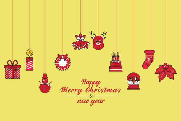 노란색 배경과 붉은 색�을 매달려 크리스마스 장식 - bell handbell christmas holiday stock illustrations