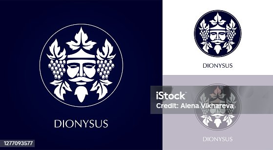 istock Man face logo with grape berries and leaves. Bacchus or Dionysus. Antique style for winemakers or wines. Vector illustration 1277093577