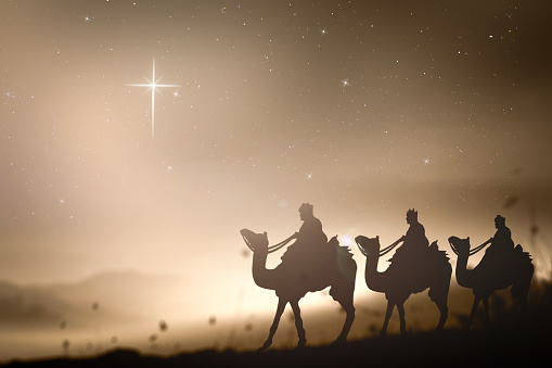 Prophecy magi and his friend with three camel on desert was going to bethlehem city in christmas eve