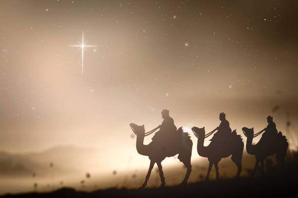 Christmas religious nativity concept Prophecy magi and his friend with three camel on desert was going to bethlehem city in christmas eve nativity scene stock pictures, royalty-free photos & images