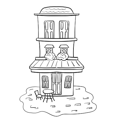 Architectural structure. Restaurant or café building, or apartment building. House Exterior. Vector clip art illustration. Coloring page or book for children and adults.