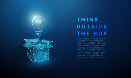 Abstract open box with light bulb. Think outside the box. Low poly style design. Geometric background. Wireframe light connection structure. Modern 3d graphic concept. Isolated vector illustration
