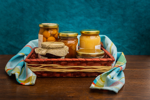 Gift basket with gourmet products, jars and preserves of local products. Farm products