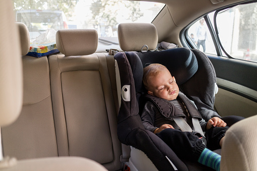 Cute Little Baby Boy Sleeping in Safety Car Seat