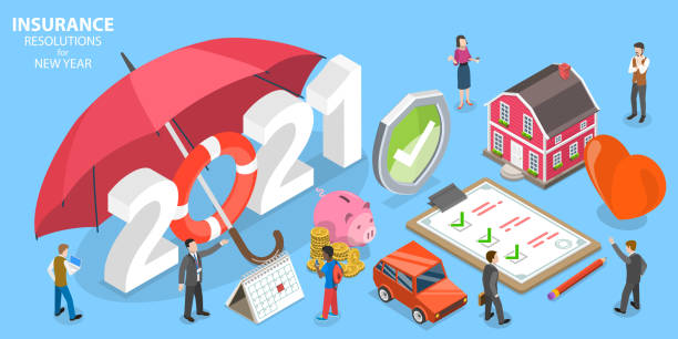 Insurance Resolutions for New 2021 Year, Family Health Insurance Plans. Insurance Resolutions for New 2021 Year, Family Health Insurance Plans. 3D Isometric Flat Vector Conceptual Illustration. insurer stock illustrations