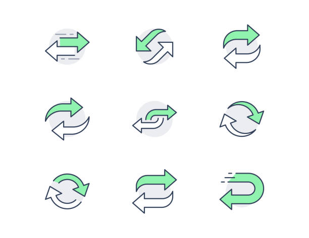 ilustrações, clipart, desenhos animados e ícones de ícones de linha reversa. a ilustração do vetor incluiu ícone como swap, flip, câmbio, switch, repetir o pictograma de contorno de duas setas de círculo. cor verde, traçado editável - exchanging circle communication arrow sign