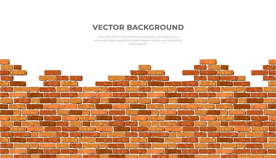 Realistic Vector broken horizontal brick wall background with text. Destroyed flat red wall texture. Brown textured brickwork for print, design, decor, advert, banner, flyer.