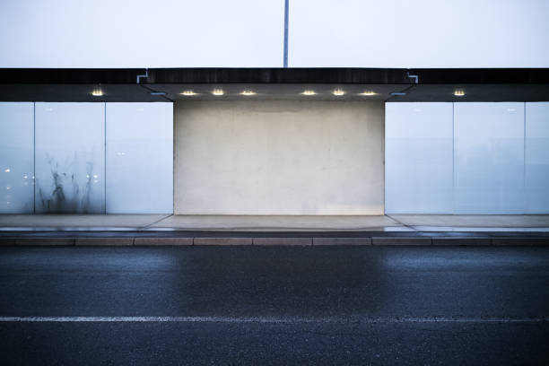 Front view blank cement and frosted glass wall at outdoor stock photo