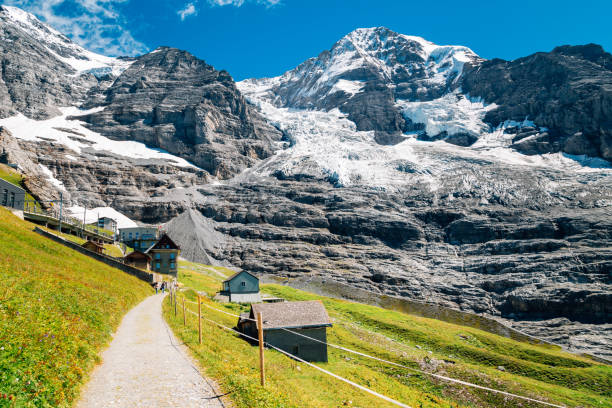 śnieżna góra i szlak turystyczny w jungfrau eigergletscher w szwajcarii - interlaken mountain meadow switzerland zdjęcia i obrazy z banku zdjęć