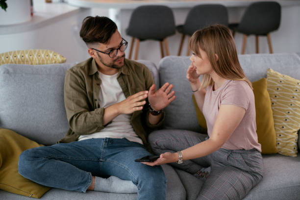 istock Boyfriend and girlfriend are arguing on the couch 1277098676