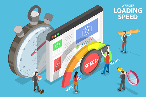 Website Loading Optimization, Page Speed and SEO. 3D Isometric Flat Vector Conceptual Illustration.