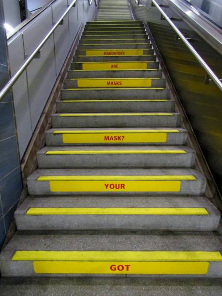 istock Got your mask? Masks are mandatory sign on stairway steps. 1277100348