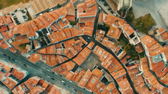 Flying with drone in Porto above town over the Douro river in Porto