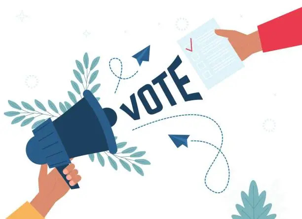 Vector illustration of Voting concept in flat style - hand putting paper. Hand holding megaphone. Social media marketing concept.