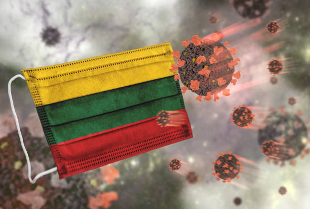 istock Face mask with flag of Lithuania, defending coronavirus 1277101284
