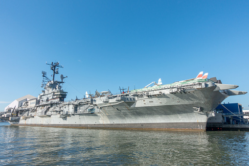 Kanagawa, Japan - May 29, 2022: United States Navy USS Tripoli (LHA-7), America-class amphibious assault ship sailing in Tokyo bay.
