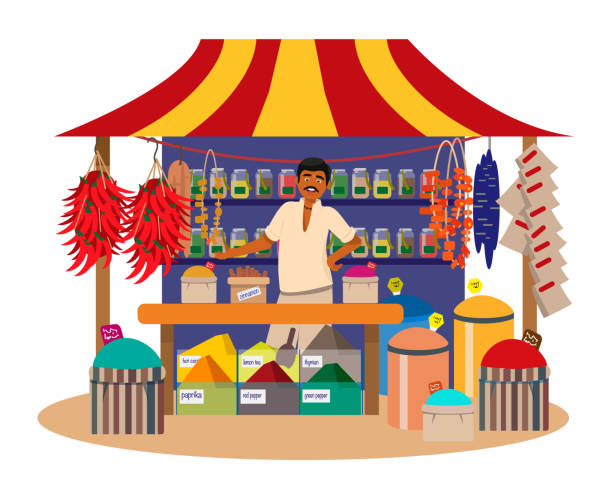 illustrations, cliparts, dessins animés et icônes de homme indien vendant des épices dans le magasin de rue - commerçant