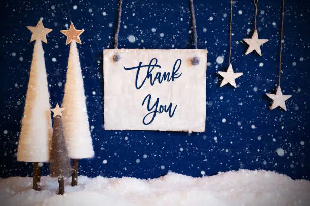 Christmas Decoration Like White Tree With Star On Blue Background. White Snow On Ground With Snowflakes. Sign With English Calligraphy Thank You