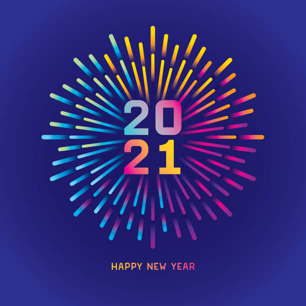 2021 New year card with colorful fireworks Exploding colorful gradient fireworks. Editable vectors on layers. 
This is an AI EPS 10 file format, with transparencies and gradients. 2021 stock illustrations