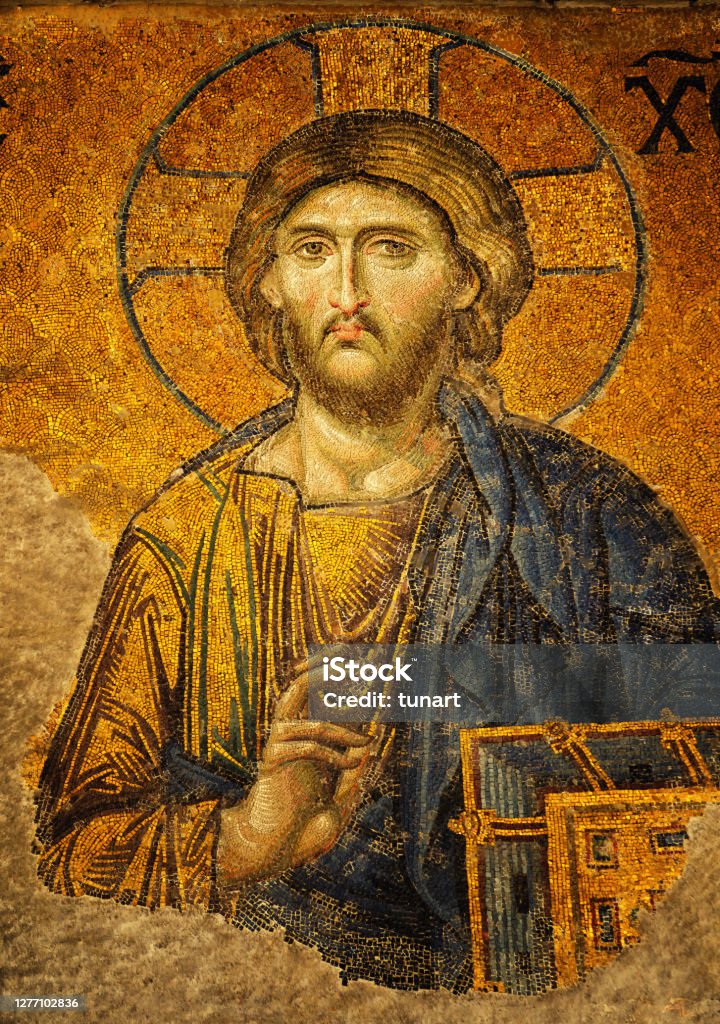 Mosaic Of Jesus From The Hagia Sophia Mosaic from the Byzantine Era in the Hagia Sophia Mosque/Church Of Istanbul, Turkey Religious Icon Stock Photo