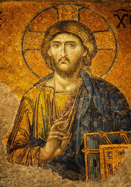 Mosaic Of Jesus From The Hagia Sophia Mosaic from the Byzantine Era in the Hagia Sophia Mosque/Church Of Istanbul, Turkey byzantine stock pictures, royalty-free photos & images