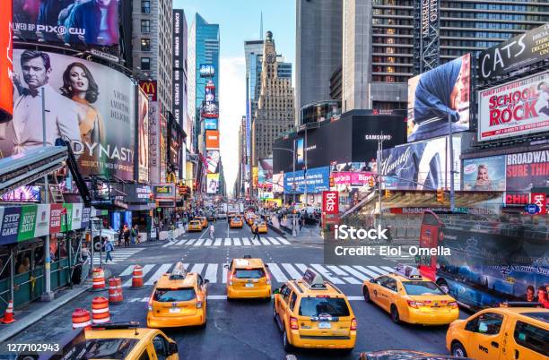 Taxis In Times Square With 7th Avenue New York City Manhattan Stock Photo - Download Image Now