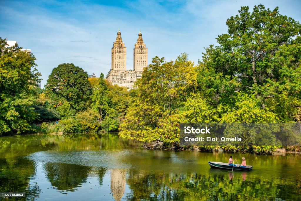 Beautiful lake with raw boats in New York Central Park New York City Stock Photo