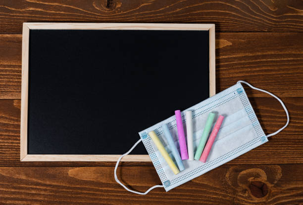 istock A blackboard with space for text, set of colored crayons and a protective mask on a wooden background. Start of school year and sale of school supplies. Home education and learnin after pandemic. 1277103930