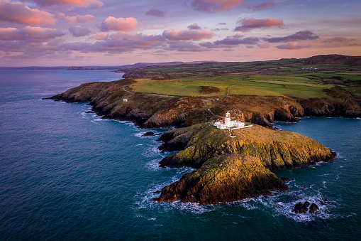 Aerial view of Strumble Head Lighthouse, near Goodwick, Pembrokeshire, Dyfed, Wales, UK