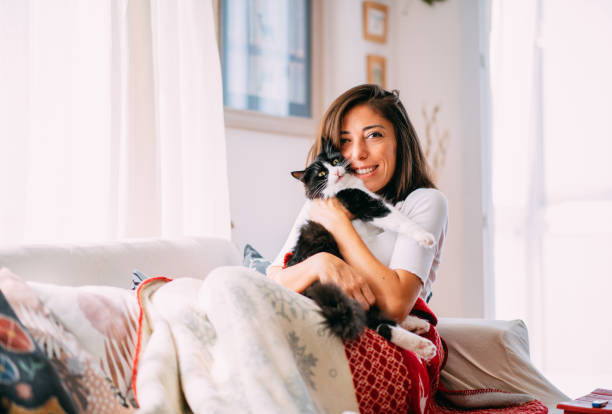 donna appoggiata sul divano con il suo gatto - kitten color image cute feline foto e immagini stock