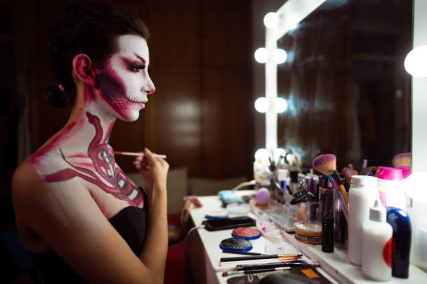 istock Young lady applying Halloween make-up in front of a make-up mirror 1277104931