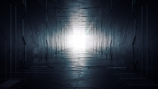 Sci-Fi Corridor Is Made Of Metal Panels, Futuristic Hallway With Moody Atmosphere, 3d Rendering