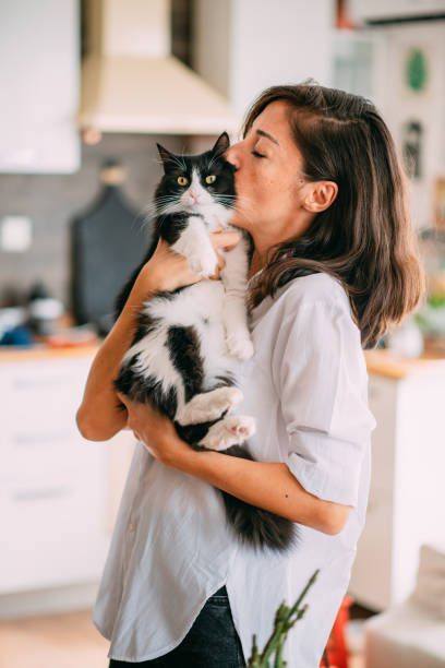 bonita mujer urbana abrazando a su gato - domestic cat city life animal pets fotografías e imágenes de stock