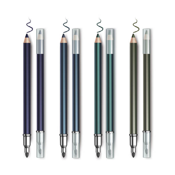 istock Vector set of Colored Dark Blue Emerald Green Double sided Cosmetic Makeup Eyeliner Pencils with Transparent Caps and sample strokes Isolated on White Background 1277106001