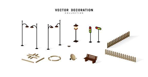 Set of isometric objects, street lamps on poles shine, traffic lights, fence and bench vector illustration