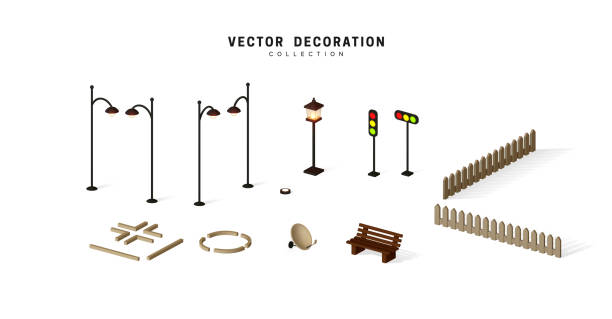 Set of isometric objects, street lamps on poles shine, traffic lights, fence and bench vector illustration Set of isometric objects, street lamps on poles shine, traffic lights, fence and bench vector illustration street light road sign old fashioned lantern stock illustrations