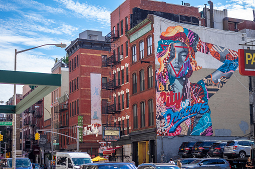 New York City, USA - October 10, 2017: Big graffiti at the entrance of Manhattan Little Italy
