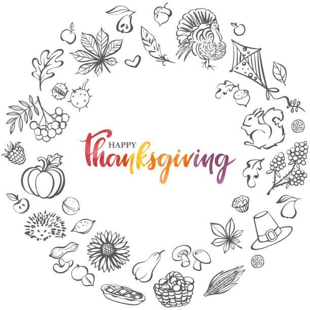 해피 추수 감사절 화환 일러스트 - white backgrounds thanksgiving pumpkin stock illustrations