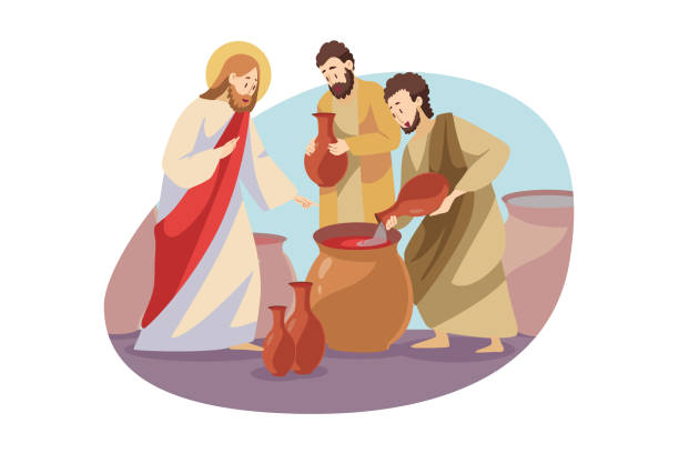 Religion, christianity, bible concept Religion, christianity, bible concept. Jeus christ son of god christian biblical religious character turning water into wine alcoholic beverage drink. Divine miracle and Lord power illustration. Worshipper stock illustrations
