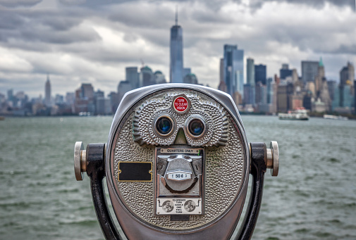 Vintage binoculars viewer, Manhattan skyline with the One World Trade Center in Lower Manhattan, New York City, USA
