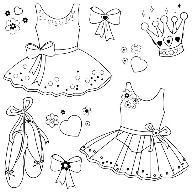 Ballet dresses set. Vector black and white coloring page Collection of cute ballerina dancer girl outfits, ballet shoes, ribbons, crown and flowers. Vector black and white coloring page ballet shoe stock illustrations