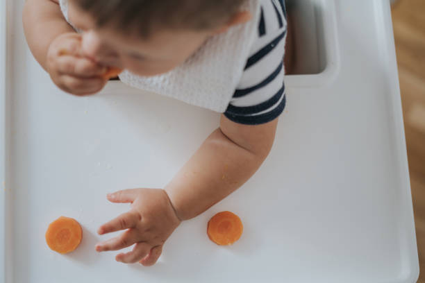 bebé feliz sentado en la mesa comiendo zanahorias frescas - baby carrot fotografías e imágenes de stock