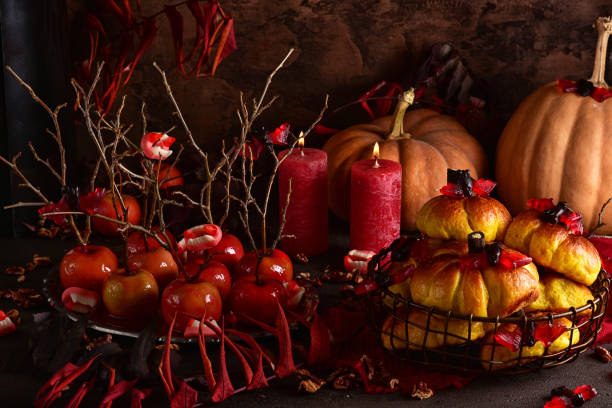 istock Still life with food for halloween. Sweets, apples, candies. 1277110807
