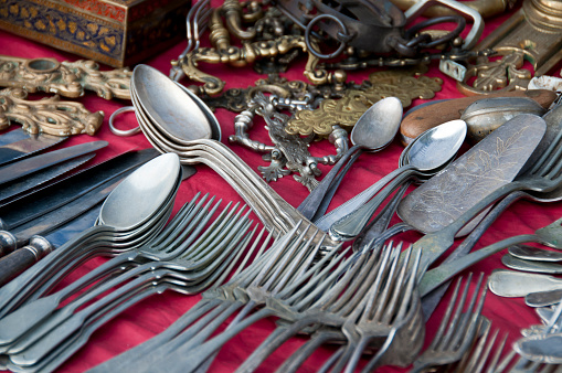 Household items. Tableware (fork, spoon, knife) and other metal objects.