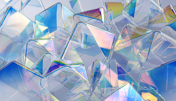 istock Colorful abstract geometric 3d shapes, holographic gradient futuristic background, translucent chromatic backdrop, dispersion and thin film reflection effect 3d rendering 1277112430