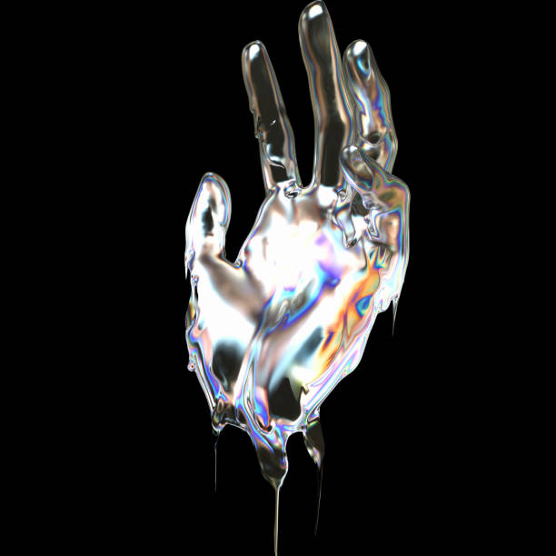 istock 3d Art holographic abstract futuristic design idea. Hand gesture liquid metallic texture isolated on a black background 3d rendering concept. 1277113339