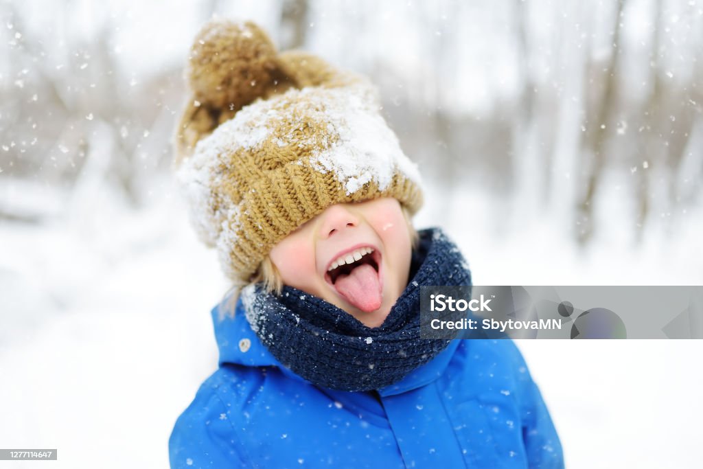 Funny little boy in blue winter clothes walks during a snowfall. Outdoors winter activities for kids. Funny little boy in blue winter clothes walks during a snowfall. Outdoors winter activities for kids. Cute child wearing a warm hat low over his eyes catching snowflakes with his tongue Child Stock Photo